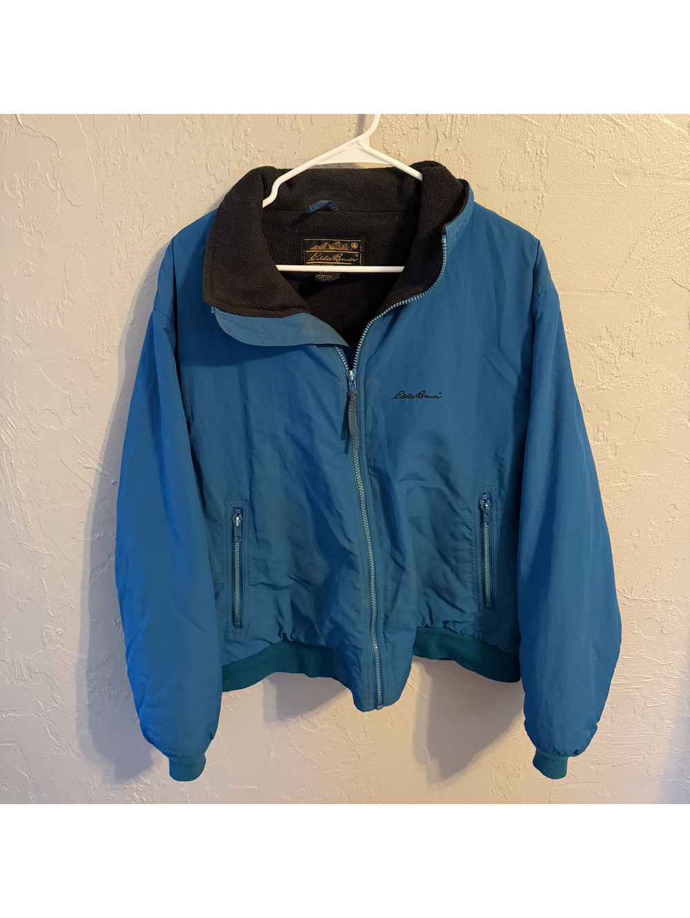 Vintage Eddie Bauer Windfoil USA Fleece Lined Bomber Jacket Teal Mens XL Blue